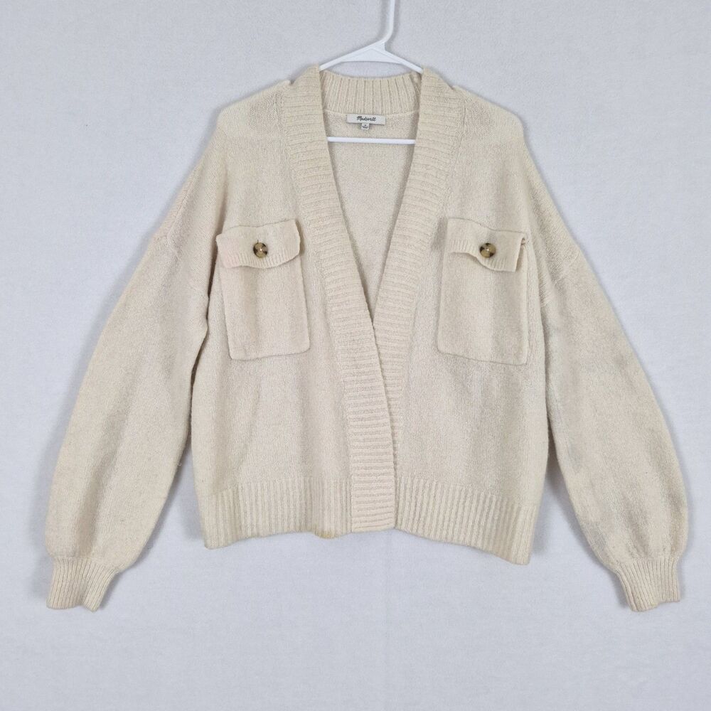 Madewell Cream Fuzzy Cardigan Medium Wool Alpaca Blend Buttoned Flap Pocket.